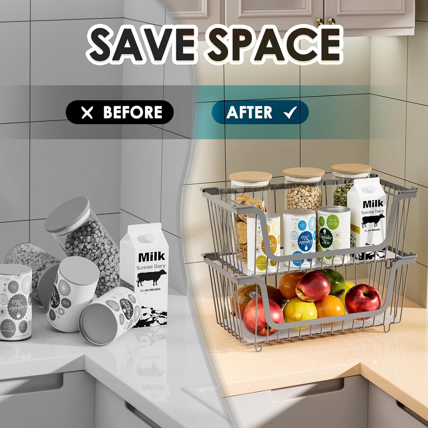 GAOKASE 4 Pcs Stackable Wire Baskets for Pantry Organizers and Storage,Vegetable Fruit Basket for Countertop,Kitchen Storage Metal Baskets,Produce Potato Onion Storage Bin-Black