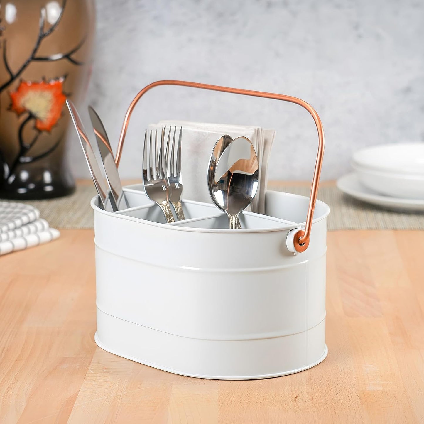 Red Co. 10" x 7" Enameled Metal Utensil Caddy & Countertop Flatware Organizer with Handle, Farmhouse White/Rose Gold