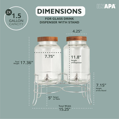Ilyapa Double Glass Beverage Dispenser with Stand, 2 Gal Each - Wood Top
