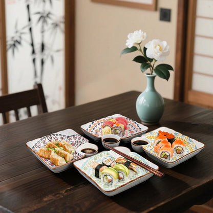 Pumtus 4 Pack Ceramic Dumpling Plates with Dipping Saucer, 7.3'' Individual Chip and Dip Serving Platter, Square Japanese Sushi Dish Tray, Colorful Serving Bowl for Appetizer Snack Fries Gyoza Taco