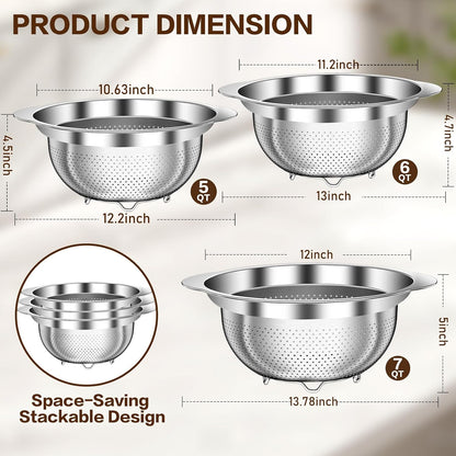 Stainless Steel Colander for Kitchen, Strainers and Colanders, 5-3-2 Qt