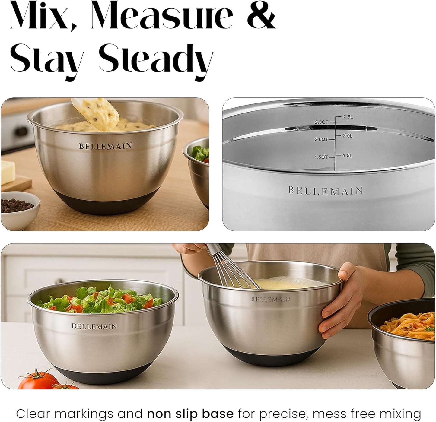Bellemain Stainless Steel Non-Slip Mixing Bowls with Lids (4-Piece Set)