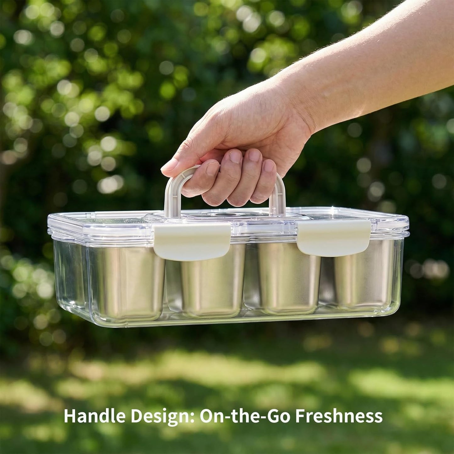 Snackle Box Container, 6-Compartment Stainless Steel Tray with Lid & Handle, Portable Divided Serving Platter for Fruit, Veggie, Candy - Perfect for Travel, Party, Beach