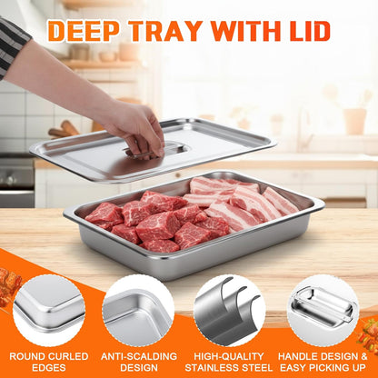 3 Pack Stainless Steel Grill Prep Trays with Lids 15.75" x 11.81" Large Hotel Pans Metal Food Tray Steam Table Pans for Restaurant Commercial Food Containers Supplies(1.97'' Deep)
