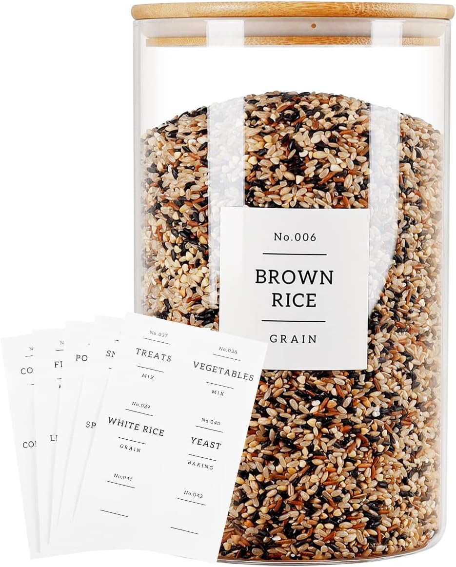 Large glass flour and sugar containers with 132 Kitchen Pantry Labels - 110 oz Glass Food Storage Containers with Airtight Lids - Square Glass Jars with Bamboo Lids for Rice, Pasta, Cookies, grain