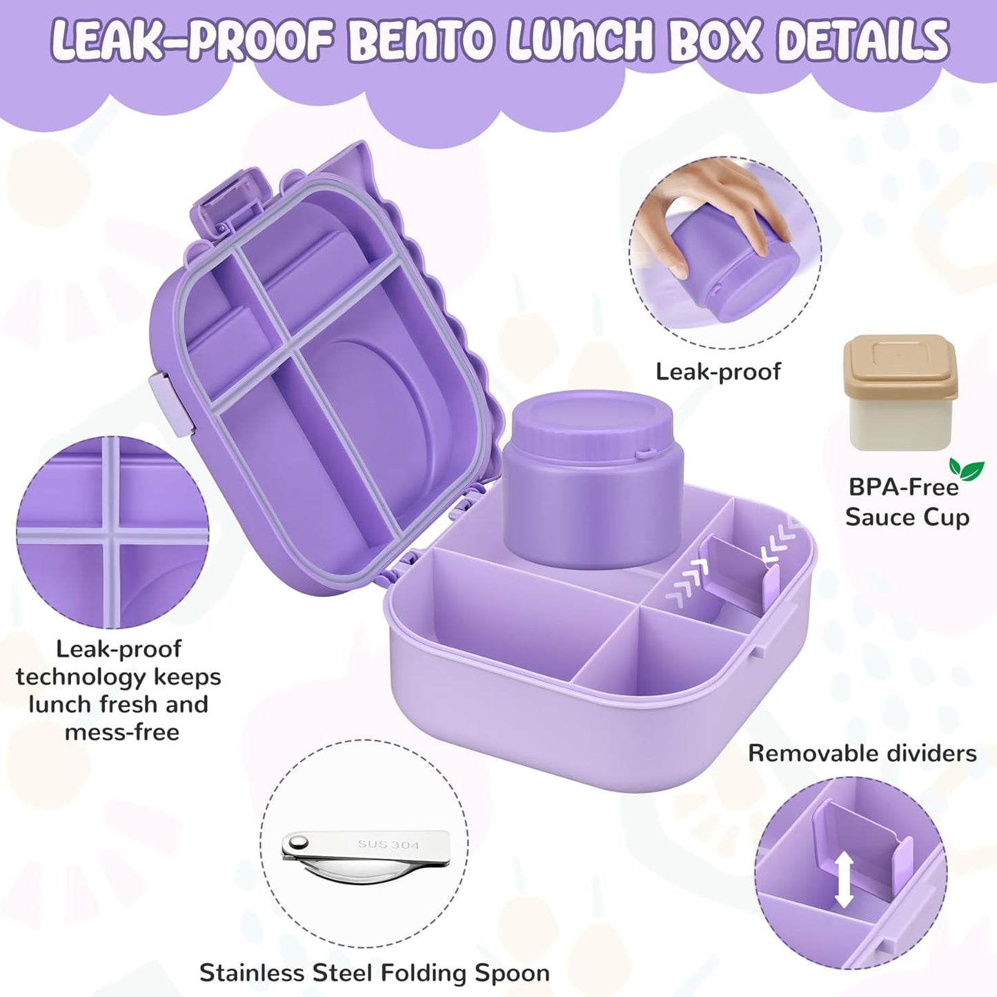 Lunch Box Kids, Leak Proof 5 Compartment Bento Box for Kids, 13oz Thermo for Hot Food Kids Lunch Box,Hot Lunch Box for School Travel