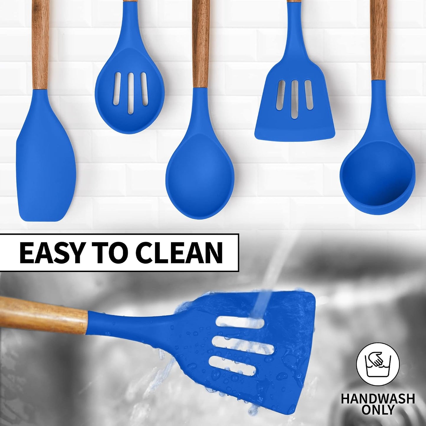 Zulay Kitchen Utensils Set Non-Stick Silicone Cooking Utensils Set with Authentic Acacia Wood Handles - 5 Piece Silicone Utensil Set - Kitchen Utensils Set with 464°F Heat Resistance - Gray