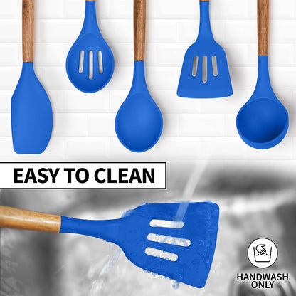 Zulay Kitchen Utensils Set Non-Stick Silicone Cooking Utensils Set with Authentic Acacia Wood Handles - 5 Piece Silicone Utensil Set - Kitchen Utensils Set with 464°F Heat Resistance - Gray