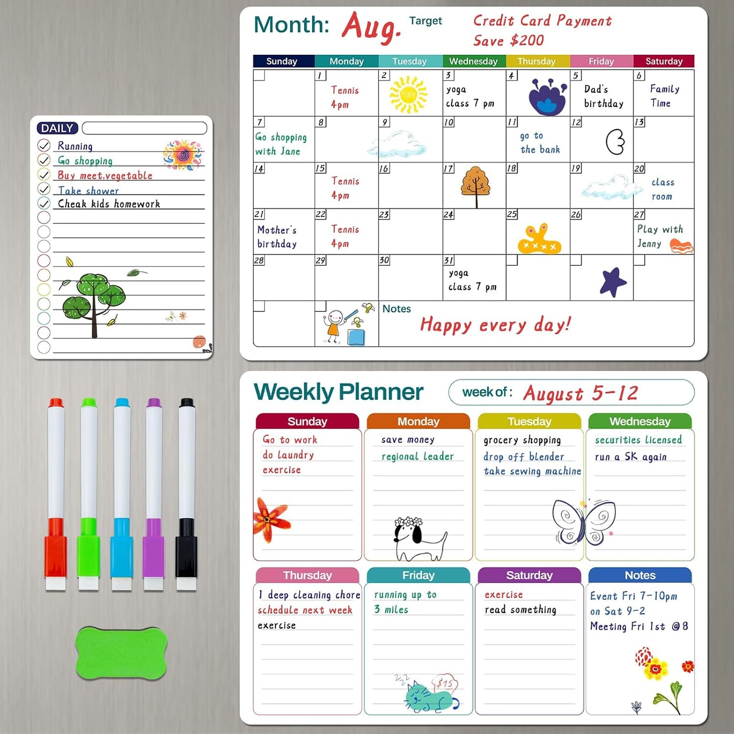 Magnetic Dry Erase Fridge Calendar Whiteboard Set,3 Pack 14.6" x 11" Reusable Refrigerator Calendar for Fridge & Wall-Monthly, Weekly,Daily Planners Refrigerator White Board with 5 Markers and Eraser