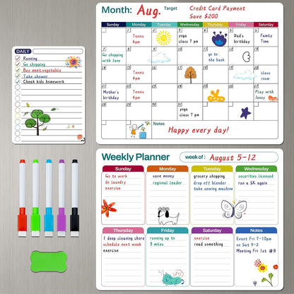 Magnetic Dry Erase Fridge Calendar Whiteboard Set,3 Pack 14.6" x 11" Reusable Refrigerator Calendar for Fridge & Wall-Monthly, Weekly,Daily Planners Refrigerator White Board with 5 Markers and Eraser