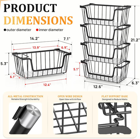 SUNALLY Stackable Storage Bins 4 Pcs Wire Baskets for Pantry Organizers and Storage, Vegetable Fruit Storage Basket for Countertop Organizer,Kitchen Baskets for Onion Potato Snack Cans Storage,Black