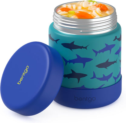 Bentgo Kids Stainless Steel Food Jar - 11oz Leak-Proof Double Insulated Hot or Cold Food Container with Removable Silicone Bumper, Dishwasher Safe, Easy Open Lid, Ages 3+ (Trucks)