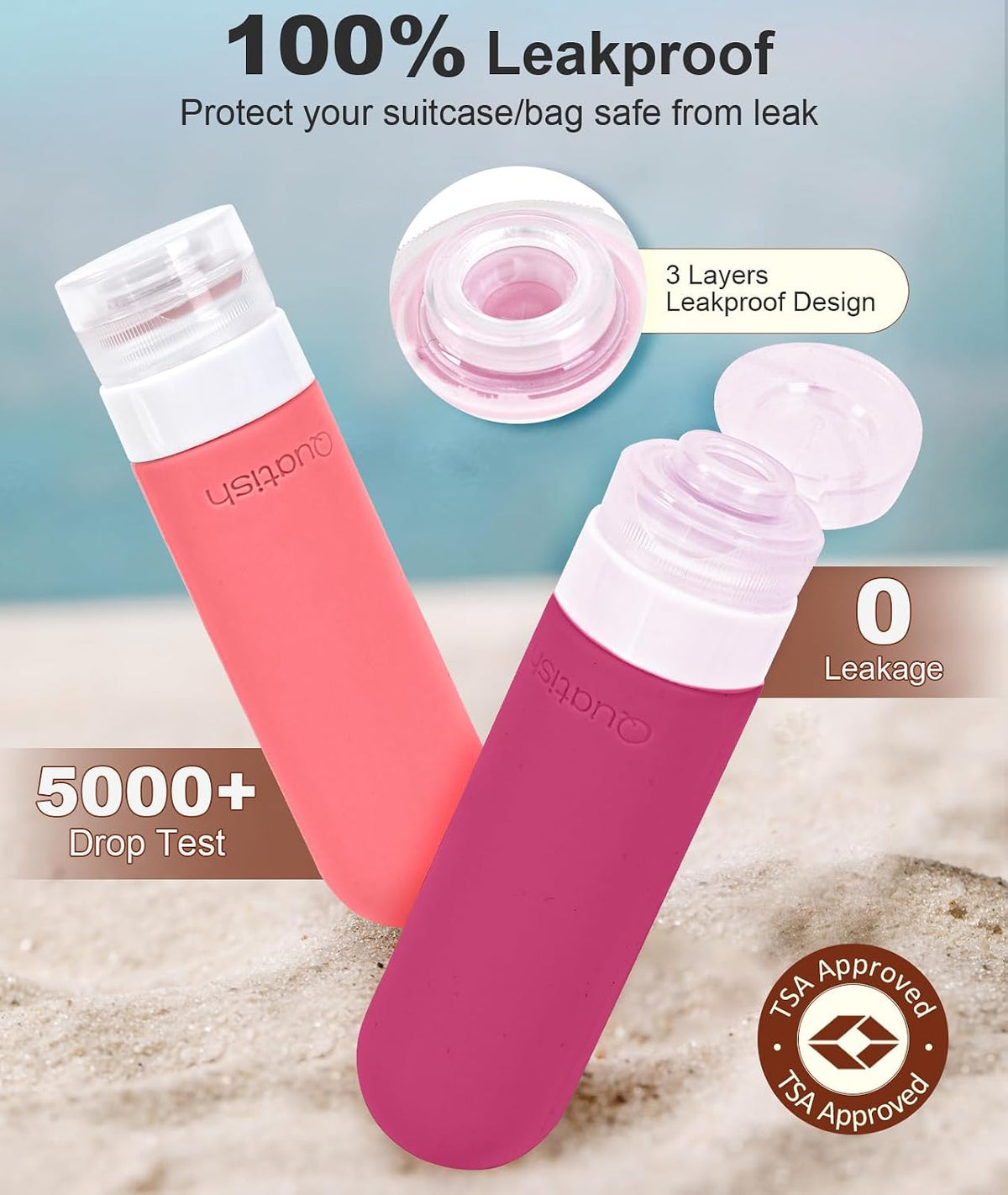 Quatish Travel Bottles for Toiletries, Original Patented Leakproof 3 oz Tsa Approved Travel Size Containers, BPA Free Silicone Shampoo and Conditioner Bottles, Camping Essentials