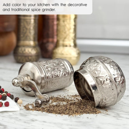 Handmade Decorative Black Pepper Grinder, Zamak Conical Burr, Refillable Turkish Spice Mill Manual Pepper Mill with Handle, Spice Grinder Metal with Hand Crank 11 cm-4.3 inch