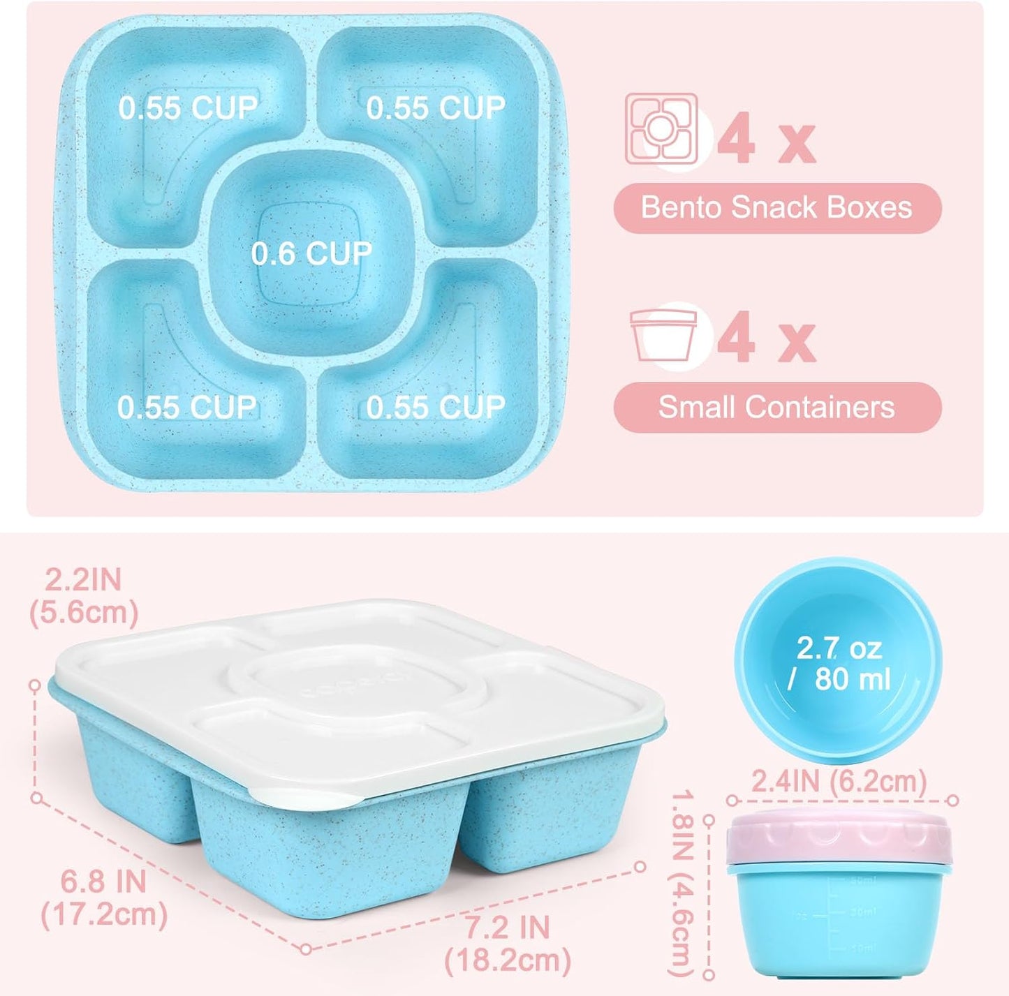 Caperci Original Lunchable Snack Containers for Kids & Adults - 5 Compartments Bento Snack Boxes with 4 Leakproof Small Containers, Wheat Straw, BPA-Free, Set of 4