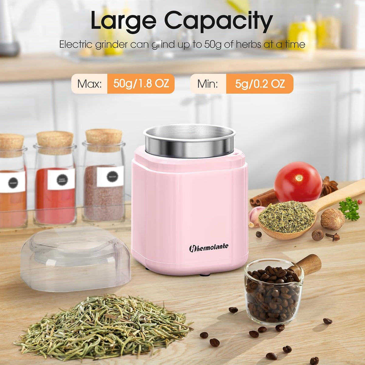 Hermolante Herb Grinder Spice Grinder, 200 w Herb Grinder with Stainless Steel Blade and Cleaning Brush, Compact Size Electric Grinder for Herbs and Spices -5.11in (Black)