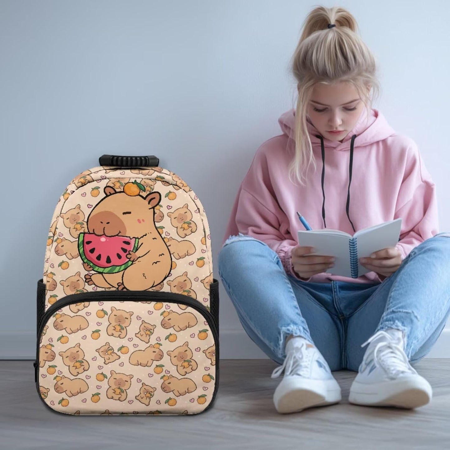 Highland Cow Backpack with Lunch Box Set for Kids Sunflower School Backpack for Girls Boys Back to School Bag Student Travel Backpacks Reusable Utensils Pen Case Water Bottle Bag 5PCS