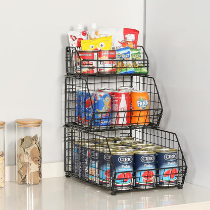 3-Tier Fruit Basket for Kitchen Counter, Stackable Wire Baskets Wall, Potato and Onion Storage Bins, Pantry Organizers, Pantry Storge and Storage for Potato, Onion, Produce, Fruit, Vegetable, Snack