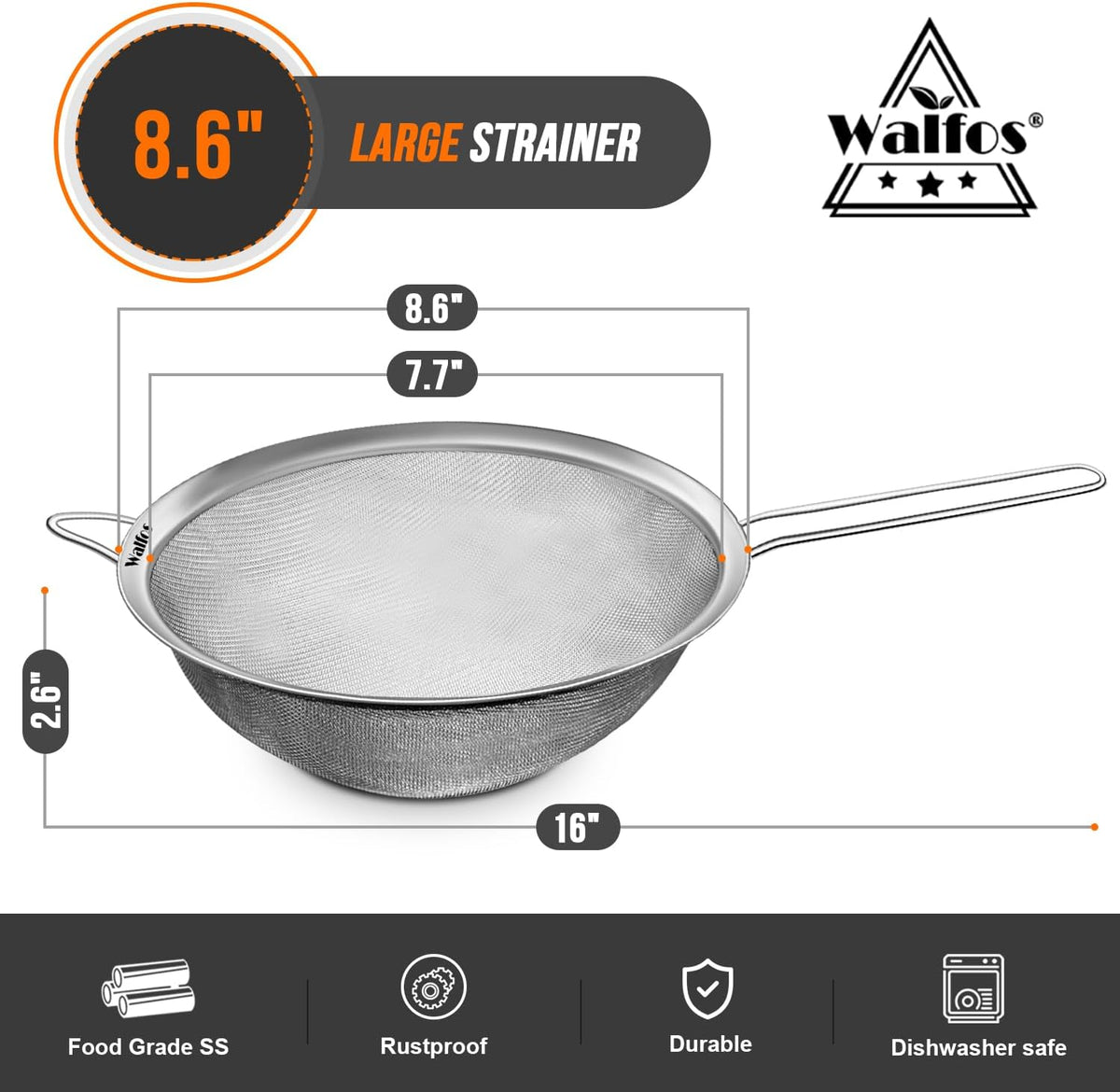 Walfos 6.3 Inch Fine Mesh Strainer, Premium Stainless Steel Sieve and Sifter with Handle, Kitchen Metal Strainers for Rice, Quinoa, Fruits, Noodles, Flour