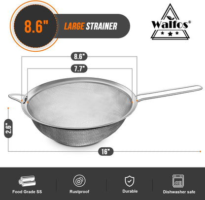 Walfos 6.3 Inch Fine Mesh Strainer, Premium Stainless Steel Sieve and Sifter with Handle, Kitchen Metal Strainers for Rice, Quinoa, Fruits, Noodles, Flour