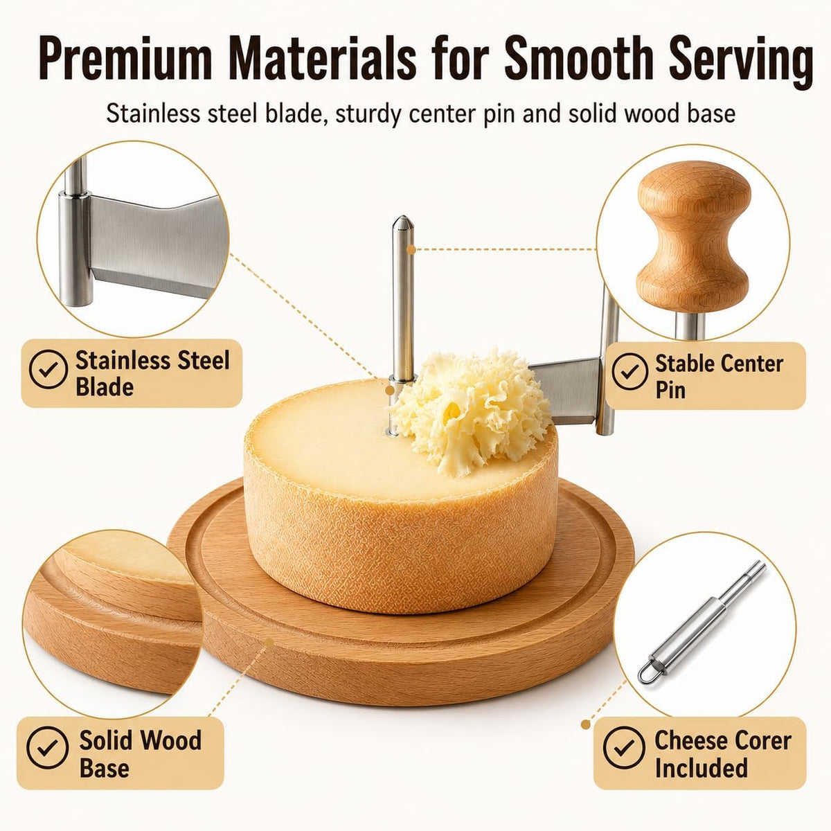 OYEWALLS Adjustable Wire Cheese Slicer for Block Cheese, Handheld Stainless Steel Cheese Cutter with 4 Extra Wires, Premium Rolling Cheese Wire Slicer for Mozzarella, Cheddar, Gruyere