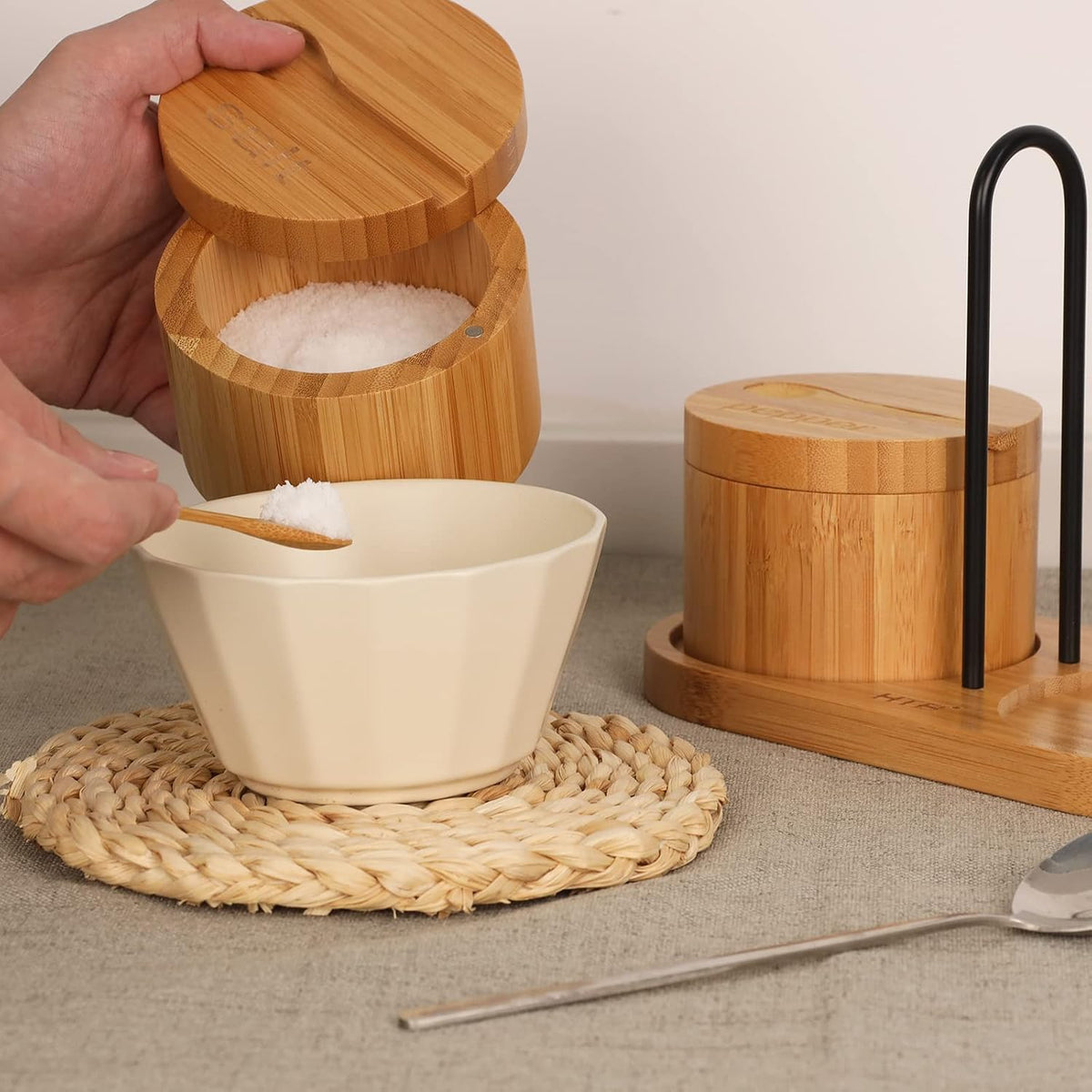 HTB Bamboo Salt Cellar with Mini Spoon and Magnetic Swivel Lid