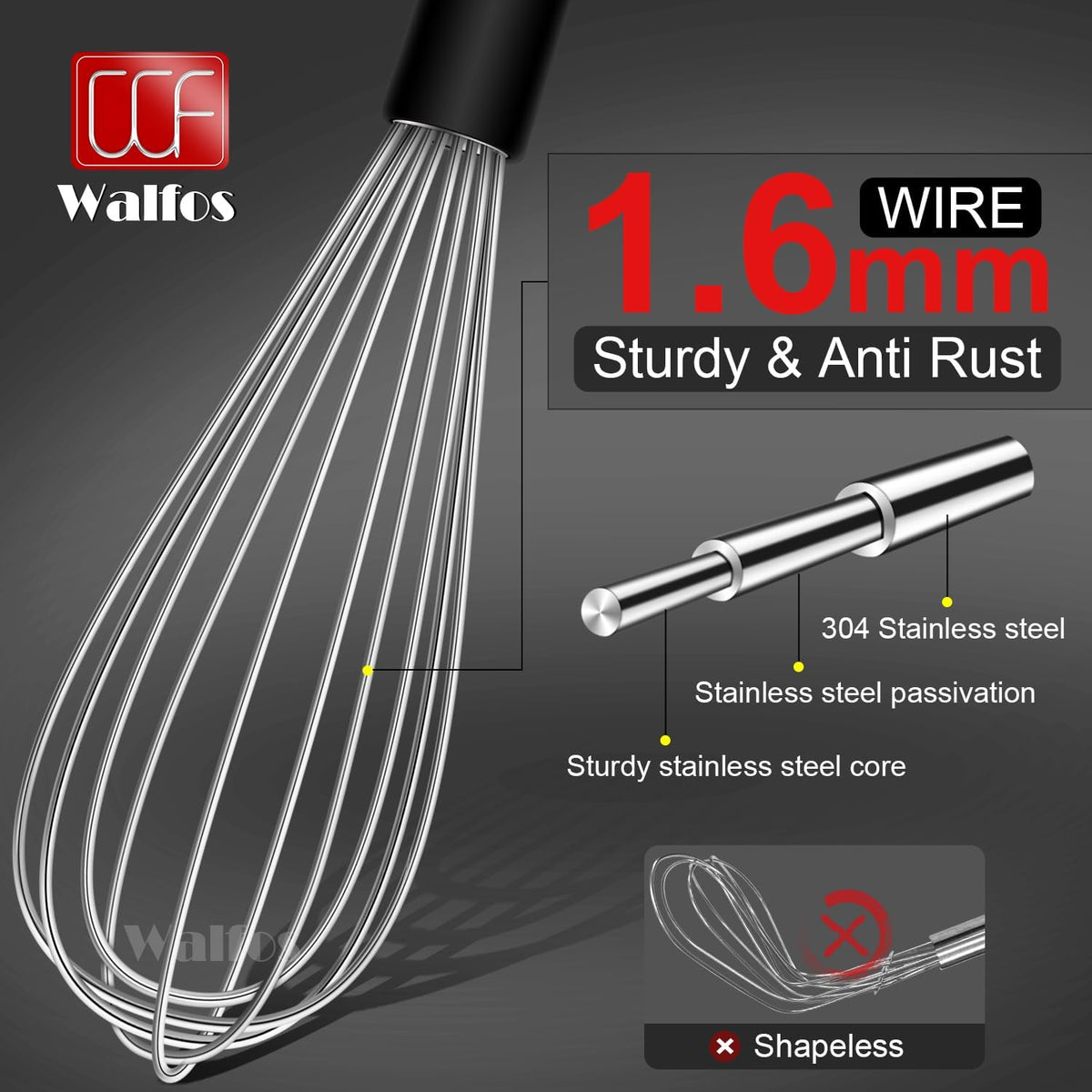Walfos Whisk,304 Stainless Steel whisk,No-Rust 7+9+11inch Whisks for cooking Nice for Blending,Whisking,Beating.Heat resistant 600°F Dishwasher Safe. Heavy duty kitchen whisk.SILVER
