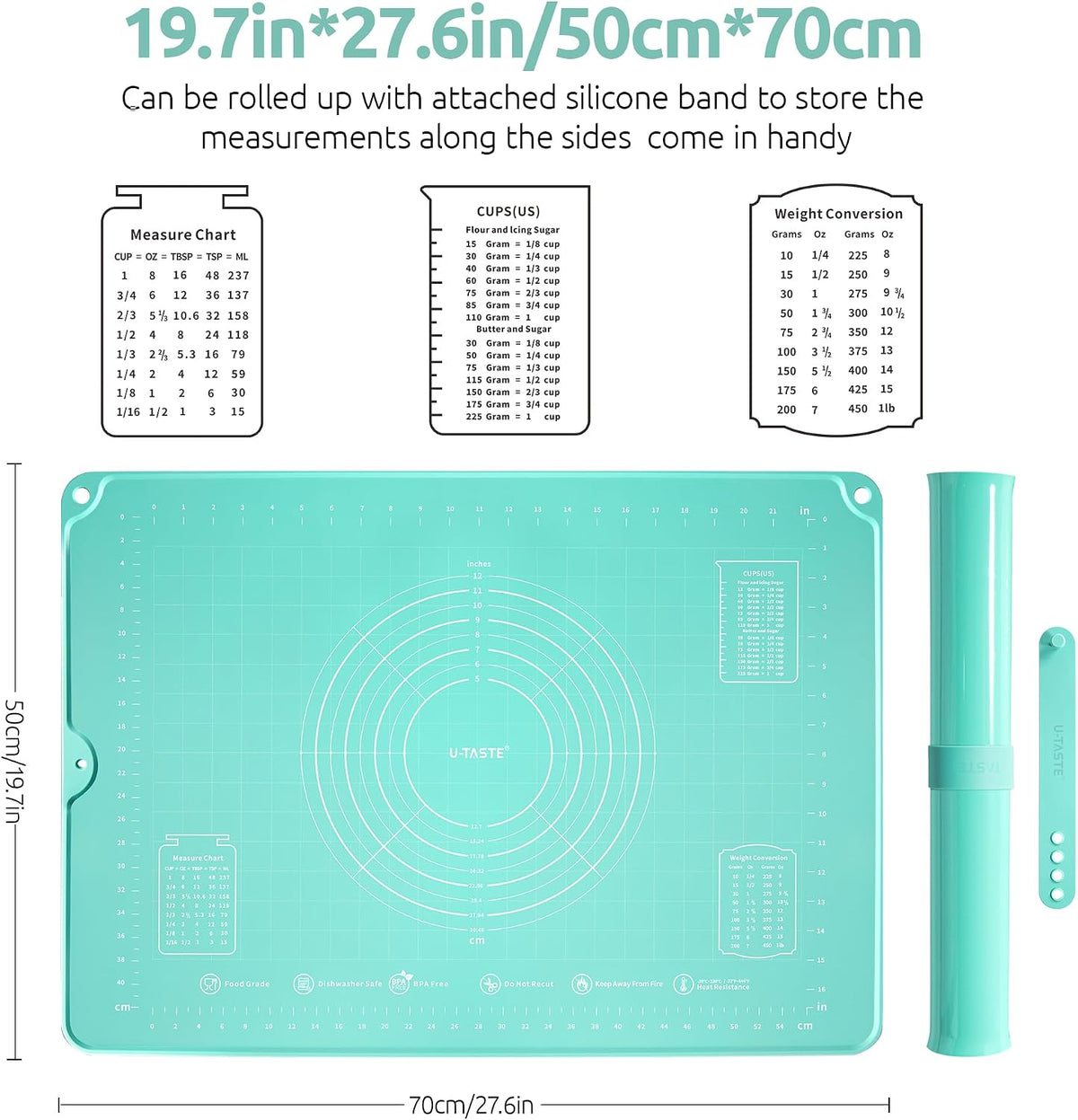 U-Taste Silicone Pastry Mat, Dough Rolling Baking Sheet, 28x20"/Transparent