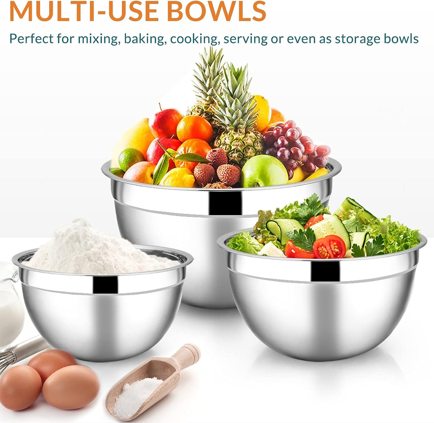E-far Mixing Bowls with Lids Set of 5, Stainless Steel Mixing Bowls Metal Nesting Bowls with Airtight Lids, Non-toxic & Dishwasher Safe, Great for Cooking, Baking, Serving - Size 0.7/1/1.5/3/4.6QT