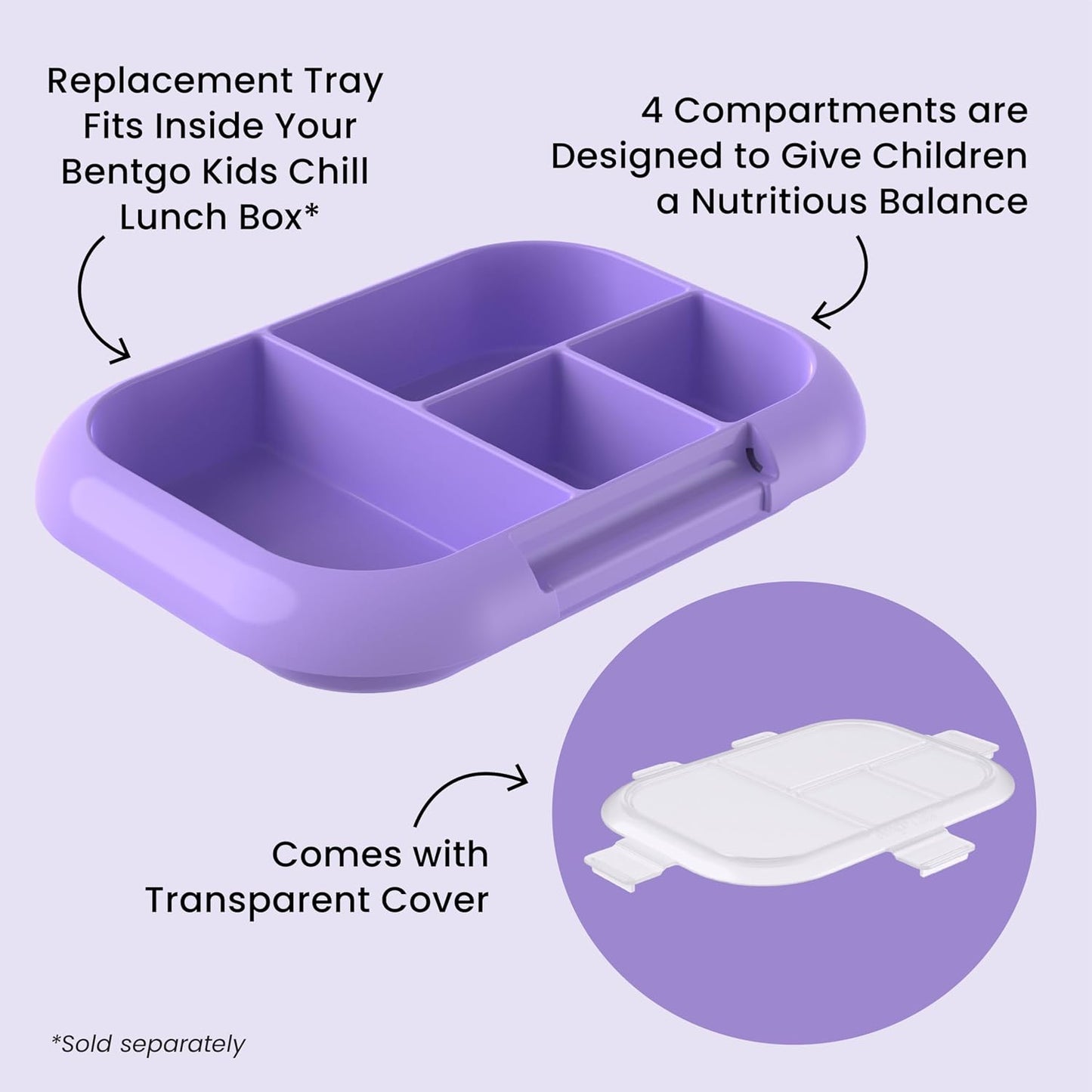 Bentgo Replacement Tray Chill Kids Lunch Box - Reusable 4-Compartment Bento Box for Easy Meal Prep; 3.3 Cup Capacity; BPA-Free; Transparent Cover; For Ages 3+ (Confetti Edition - Vivid Orchid)