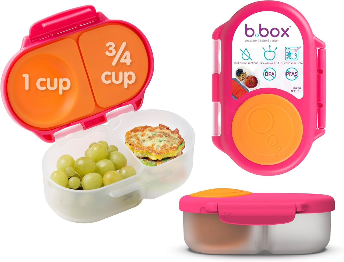 b.box Snack Box 2-Pack - Leak Proof Mini Bento Box for Kids & Toddlers, 2 Compartment Snack Containers for Kids, Dishwasher Safe, BPA-Free, PFAS-Free, Ages 4mo+, 1 3/4 Cup Each (Strawberry + Lilac)