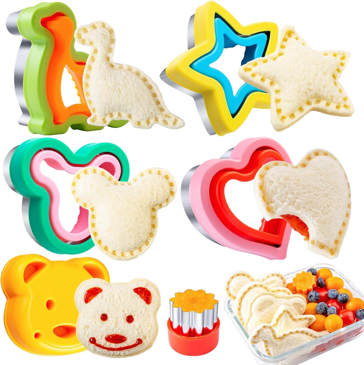 Sandwich Cutter for Kids 48 Pcs, Kimfead Cookie Cutters, Fruit Vegetable Cutter Shapes, Food Picks for Bento Box, Mouse Dinosaur Star Square Heart Shape