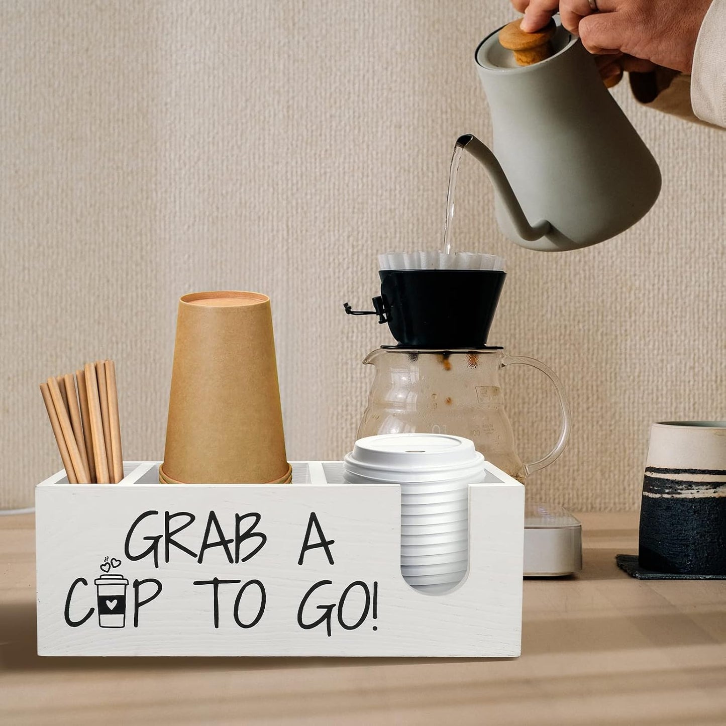 Coffee Station Organizer for Cup and lid Storage Box, Farmhouse Wood Coffee Bar Accessories Disposable Cup Holder for Counter Decor - Black