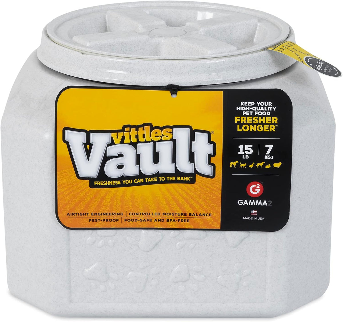 Gamma2 Vittles Vault Dog Food Storage Container with Airtight Lid, holds up to 10-15 Pounds of Dry Pet Food, Cat Kibble and Bird Feed, BPA Free, Made in USA, Without Scoop