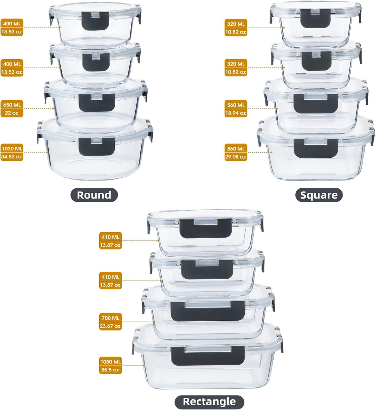 24 Pieces Glass Meal Prep Containers, Glass Food Storage Containers with Lids, Reusable Airtight Leakproof Lunch Bento Boxes Freezer, Microwave Oven and Dishwasher, Gray
