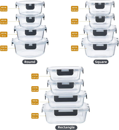 24 Pieces Glass Meal Prep Containers, Glass Food Storage Containers with Lids, Reusable Airtight Leakproof Lunch Bento Boxes Freezer, Microwave Oven and Dishwasher, Gray