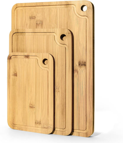 Deep-Carbonized Wood Cutting Board Set, HKKZYT 3 Pack Bamboo Chopping Boards for Kitchen with Side Handles, Charcuterie Board Juice Groove Knife-Friendly for Heavy Duty