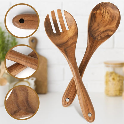 MYRAINBOW Salad Tongs, Wooden Spoons, Salad Tongs for Serving, 10-inch Serving Utensils Set Salad Servers Set Kitchen Cooking Utensil (Natural Wood)