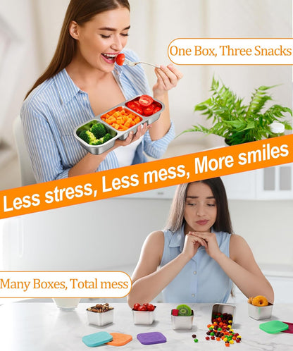 KTKUDY Stainless Steel Snack Container for Kids & Adults - Large - Leak-Proof 3-Compartment Stackable Snack Lunch Box for Daycare, School, Work & Travel