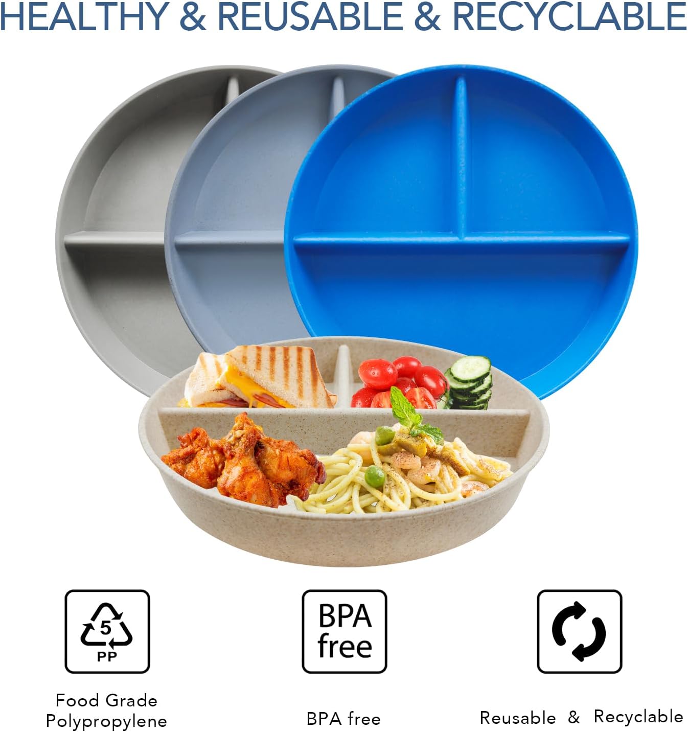 greenandlife 9 Inch 4PCS Portion Control Plates with Lids, Divided Plates for Kids Adults, Dishwasher Microwave Safe Compartment Plate, Unbreakable Lightweight Reusable Wheat Straw Plate, Earth Tone