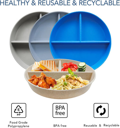greenandlife 9 Inch 4PCS Portion Control Plates with Lids, Divided Plates for Kids Adults, Dishwasher Microwave Safe Compartment Plate, Unbreakable Lightweight Reusable Wheat Straw Plate, Earth Tone
