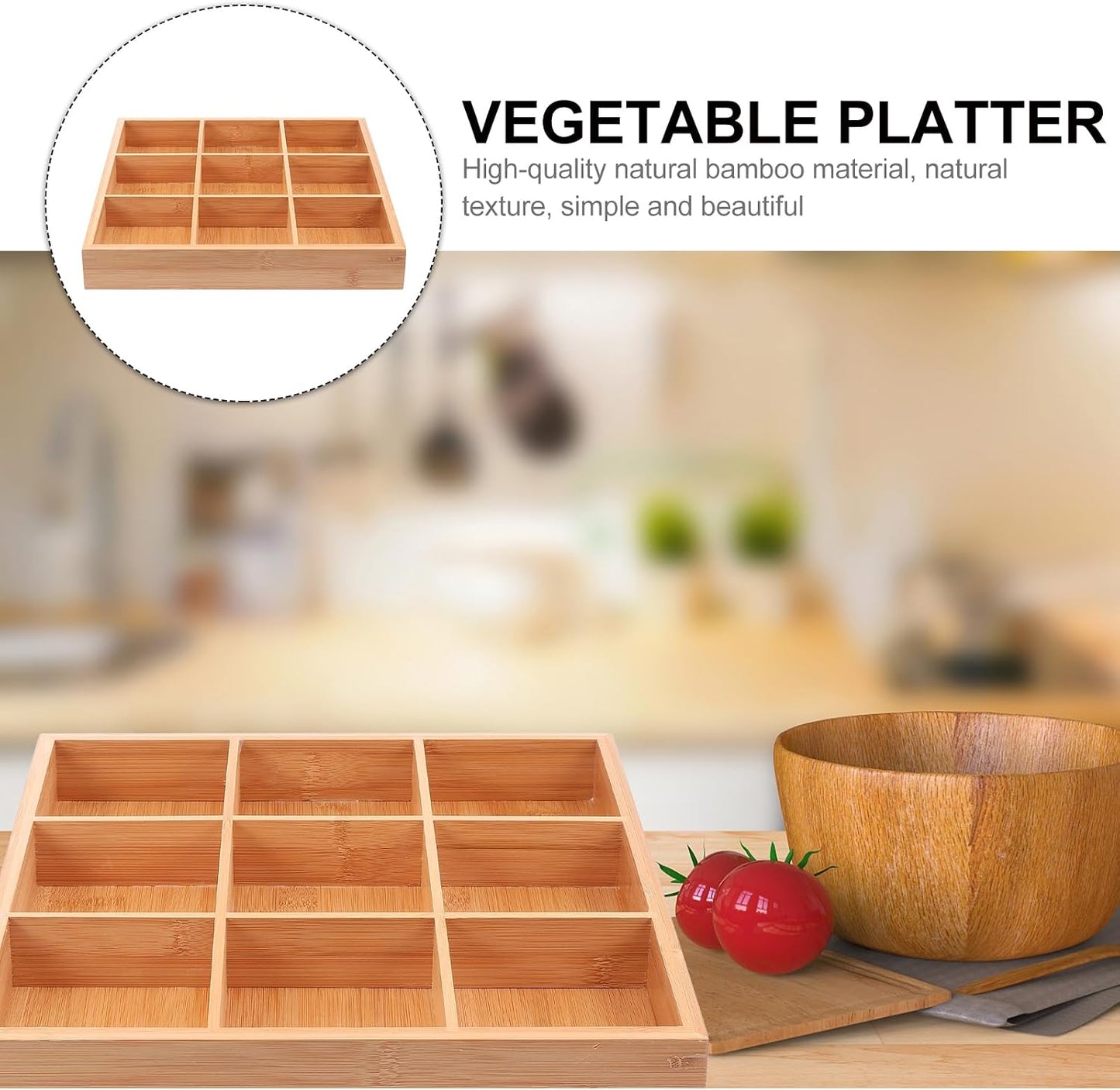 Cabilock Nine-Grid Vegetable Tray 12.99X12.99 Inch Divided Serving Platter for Hot Pot Snacks and Party Appetizers Stylish Bamboo Organizer