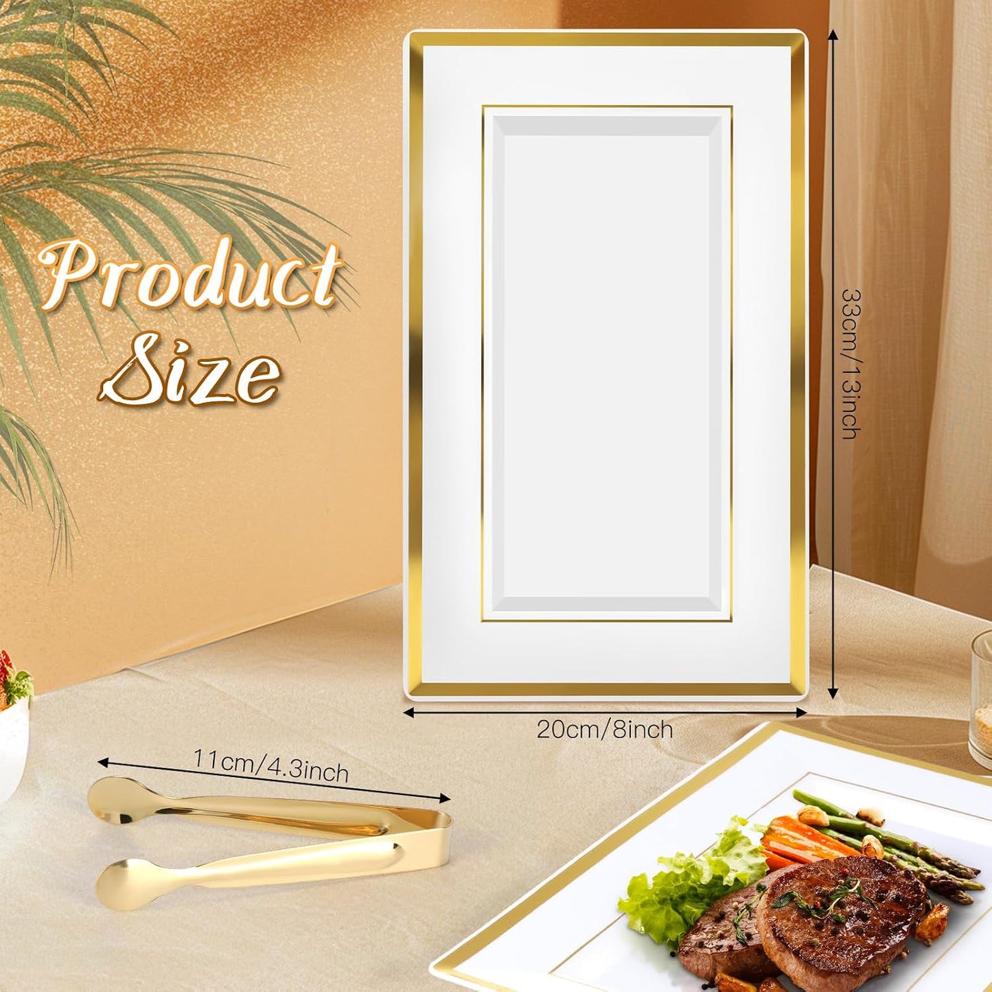 20 Sets Plastic Serving Tray,White & Gold Rim Food Trays with Stainless Serve Tongs,Versatile Serving Trays for Party, Serving Platter for Party, Food, Fruit, Dessert, Tea Party, Wedding