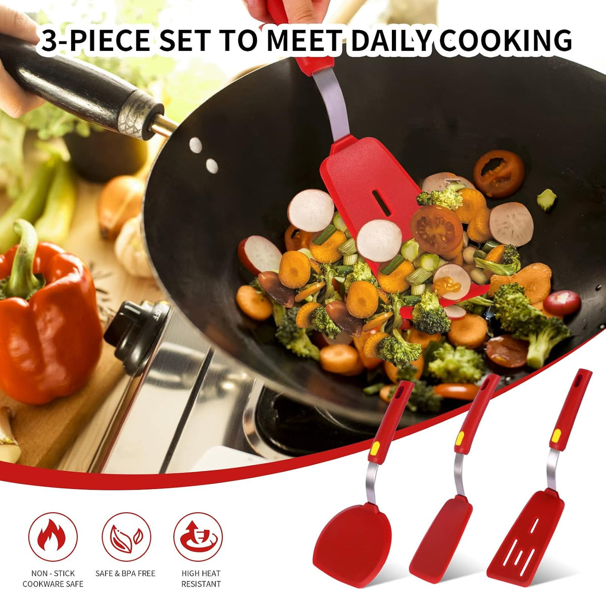 Silicone Spatula Turner Set Large And Thin Flipper Spatulas Heat Resistant 600 ° F Slotted Flexible Turner Cooking Utensils For Nonstick Cookware Egg,Pancake,Fish,Omelette,Hamburger (3 Pack)