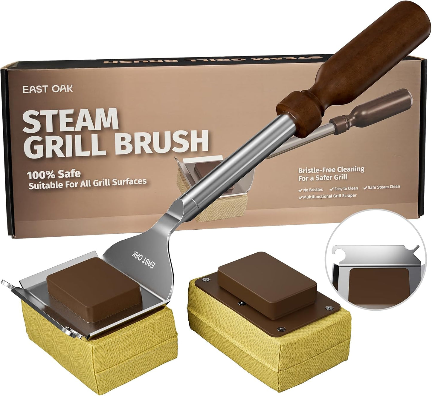 East Oak Bristle-Free Grill Brush, 2mm Thick Stainless Steel Rod, Heat-Resistant Aramid Sponge Head (900°F), Steam Cleaning Brush with Scraper, Safe for Cast Iron & Stainless Steel Grates