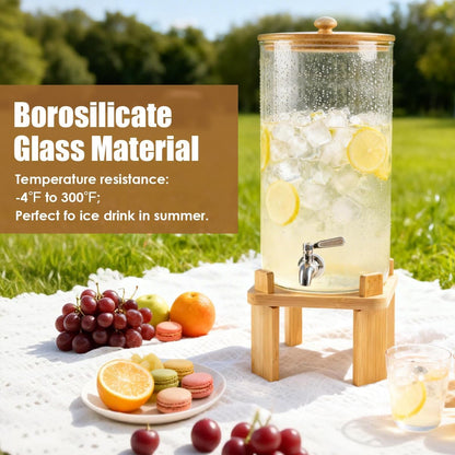 2.3 Gallon Large Glass Drink Dispenser for Parties, Glass Beverage Dispenser with Wood Stand, Juice & Lemonade Dispenser, Iced Beverage Dispenser with Spigot, Water Dispenser for Party with lid