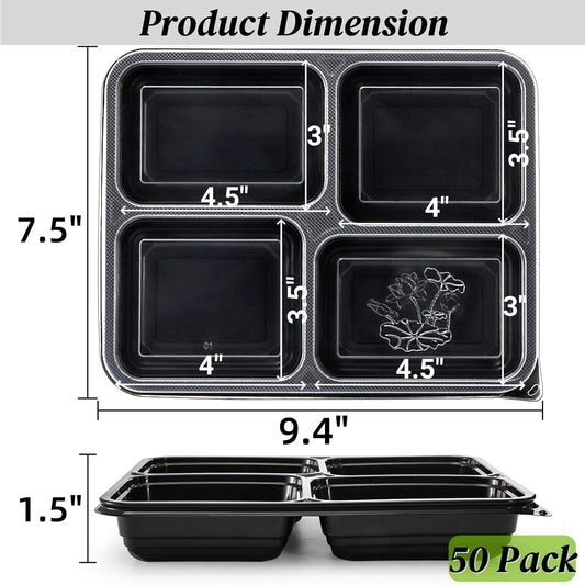 Noamus 50 Pack Meal Prep Containers, 34oz Leak-Proof Food Storage Box with Lid, Microwavable BPA Free Bento Lunch Plate, Stackable&Disposable Plastic To Go Takeout Pan for Freezer Safe, 4 Compartment