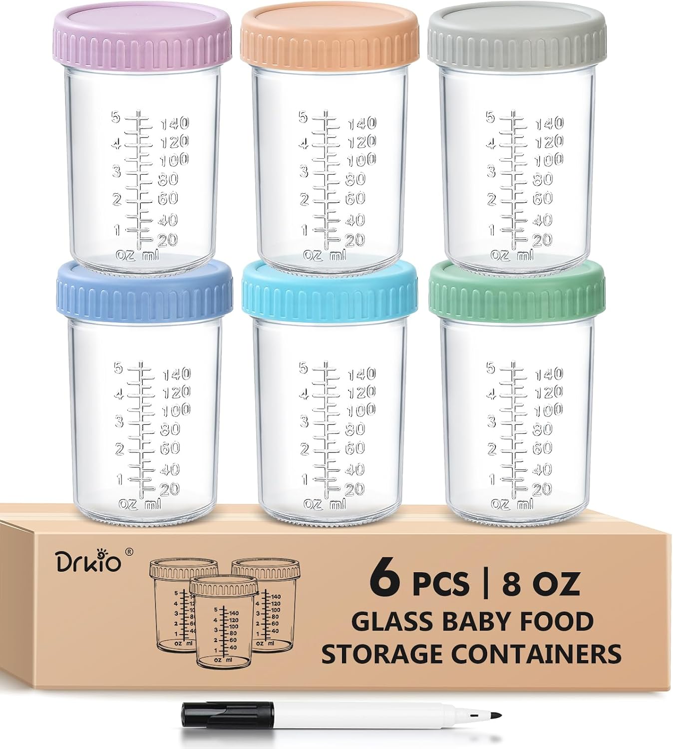 DRKIO 6 Pack Glass Baby Food Storage Containers - 4 Oz Baby Food Jars with Lids Baby Food Maker Microwave Dishwasher Freezer Safe 100% Leak Proof BPA Free Reusable