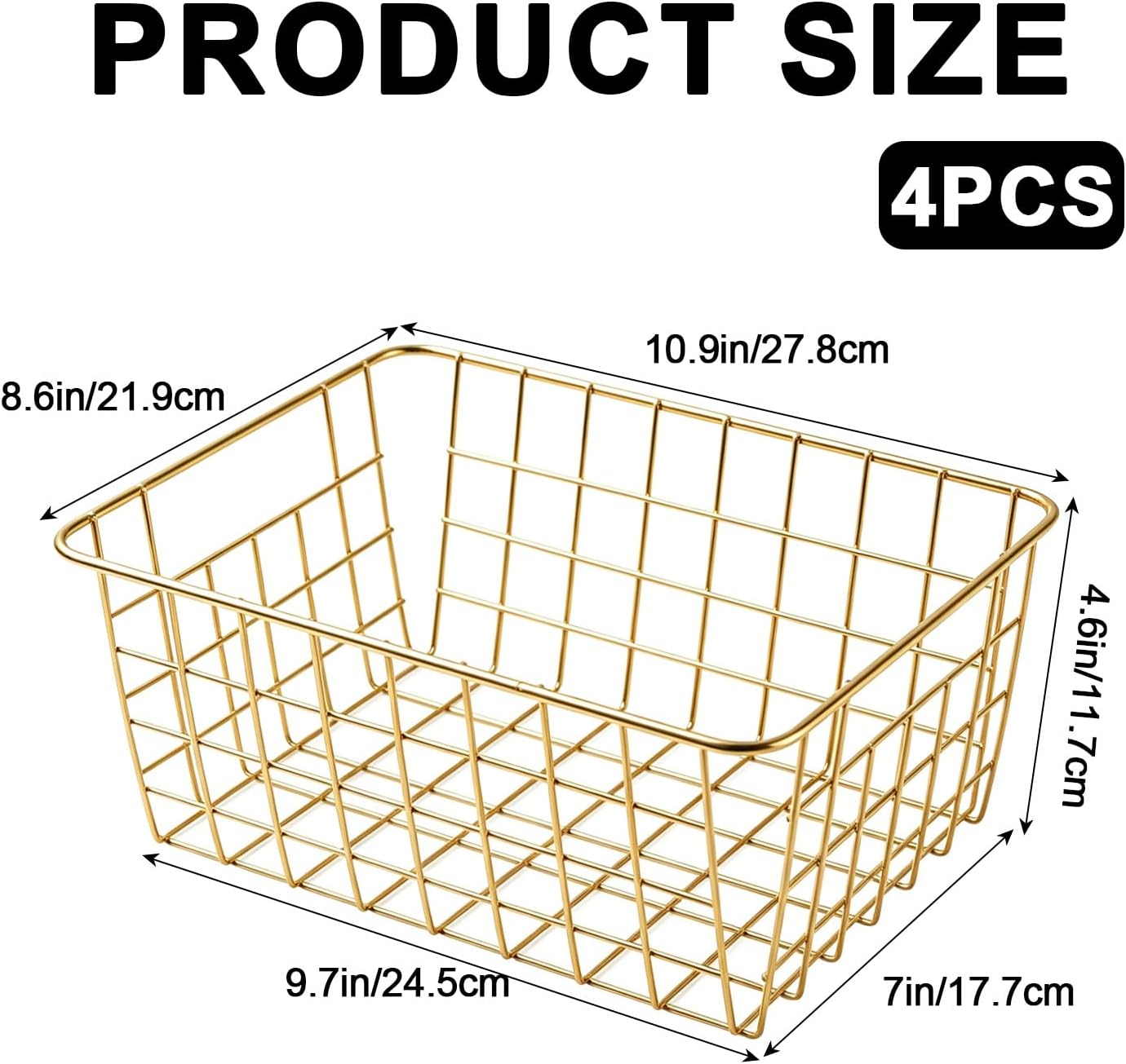 White Wire Storage Baskets,11.1"x8.7"x4.7"Wire Freezer Storage Organizer Bins Farmhouse Metal Freezer Basket with Handles for Cabinets, Pantry, Closets, Bedrooms,White,4 Pack