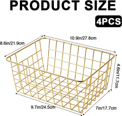White Wire Storage Baskets,11.1"x8.7"x4.7"Wire Freezer Storage Organizer Bins Farmhouse Metal Freezer Basket with Handles for Cabinets, Pantry, Closets, Bedrooms,White,4 Pack